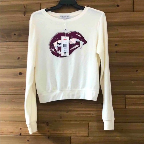 NEW Wildfox Vampire Fangs Holographic Glitter Teeth Lips Graphic Sweatshirt - Picture 6 of 10